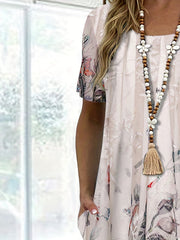 Women's Plus Floral Print Short Sleeve Round Neck Dress With Pockets