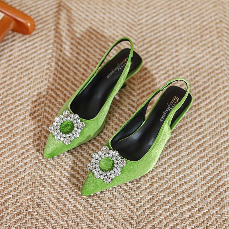 Women's Rhinestone Decor Pumps Pointed Toe Kitten Heels