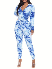 Tie Dye Two Piece Set Zip Up Hooded Sweatshirt & Drawstring Skinny Pants Outfit