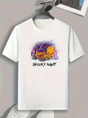 Halloween Pumpkin Print Tee Shirt Men's Casual Stretch Round Neck T-shirt