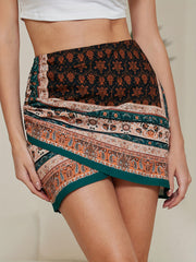 Boho Paisley Print Ruched Mini Skirt High Waist Summer Skirt