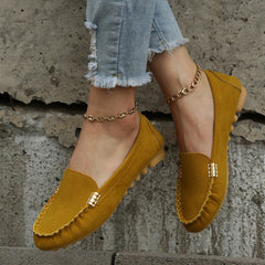 Women Slip On Leather Loafers Metal Decor Flats Shoes