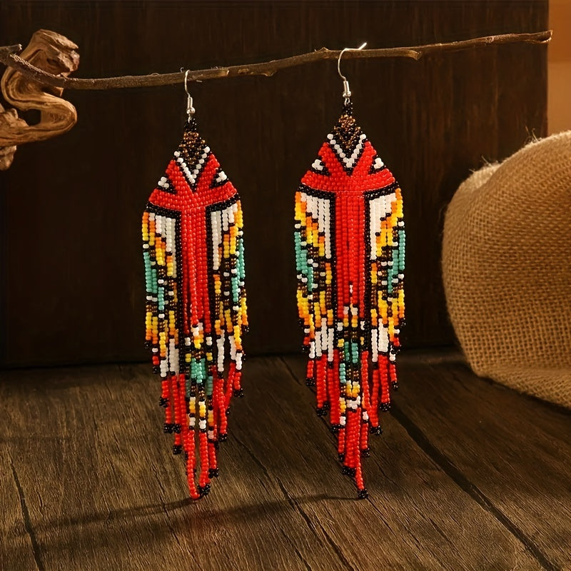 Long Beaded Tassel Earrings Bohemian Style Fringe Drop Earrings