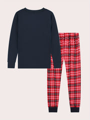 Kid's Vehicle Print Long Sleeve Top & Plaid Pants PJ Set