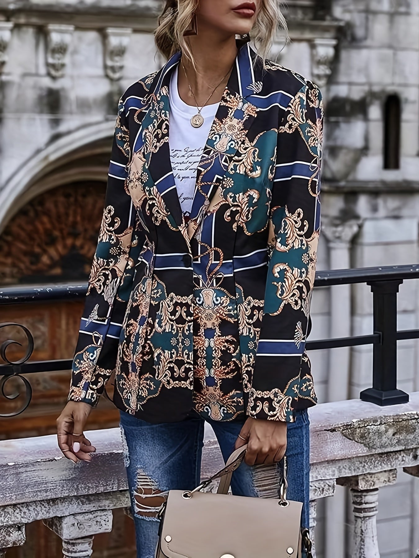 Boho Baroque Print Plus Size Blazer