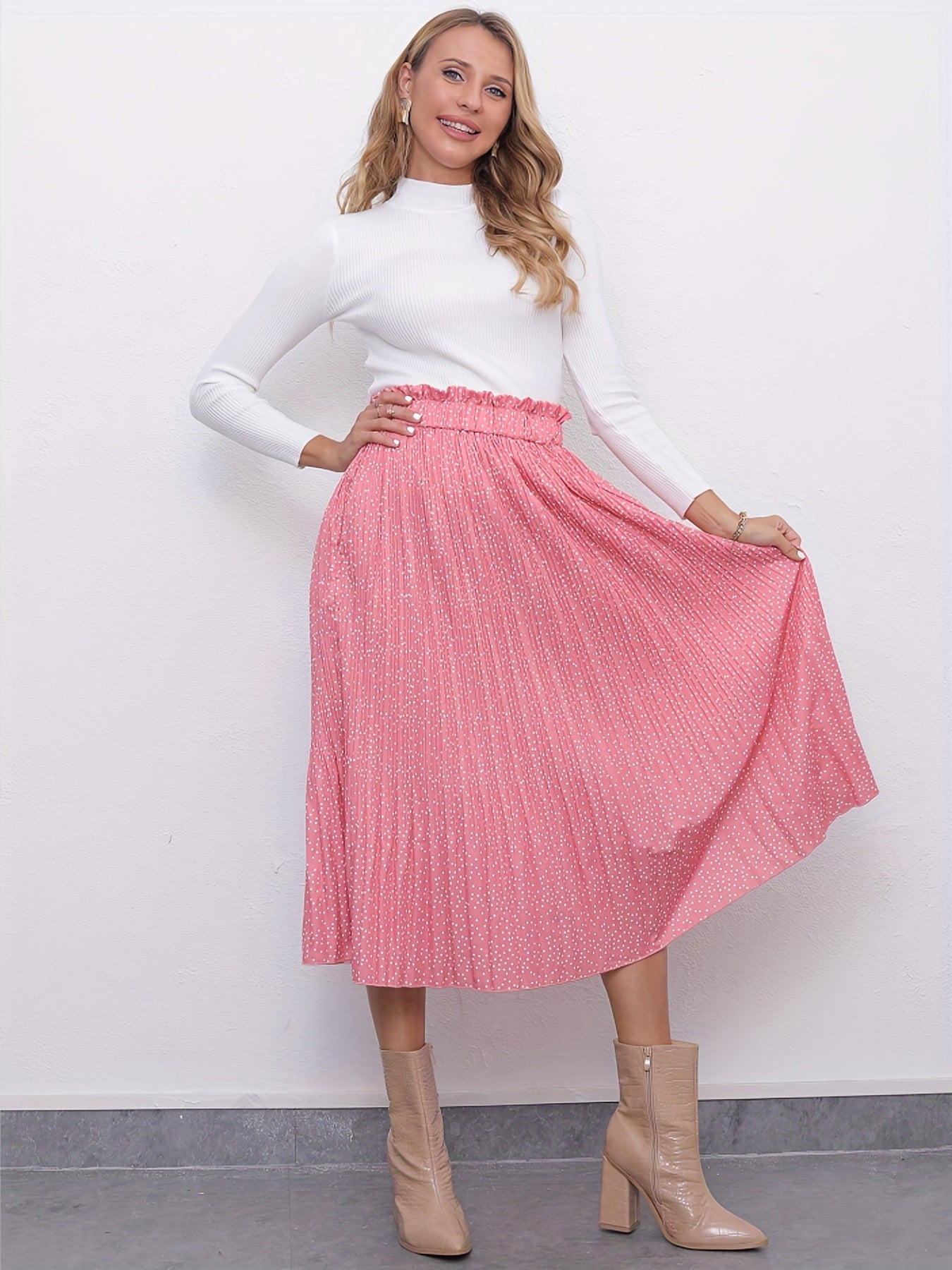 Polka Dots Pleated Skirt Casual Paper Bag Waist Skirt