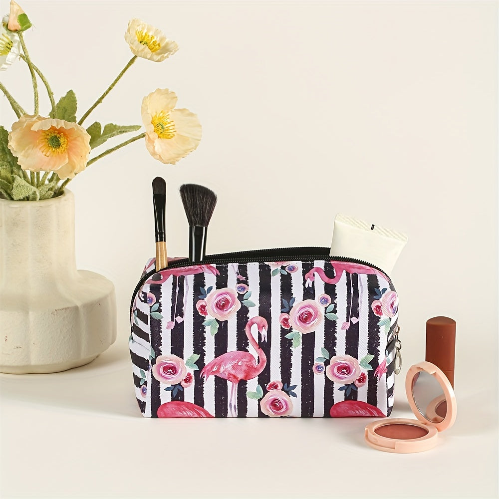 Flamingo Floral Stripes Pattern Makeup Bag Portable Travel Organizer