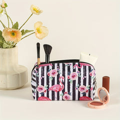 Flamingo Floral Stripes Pattern Makeup Bag Portable Travel Organizer