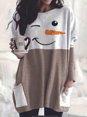 Snowman Print Long Sleeve Tee Dress With Pockets