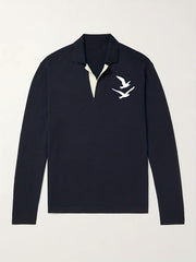Bird Pattern Knit Polo Shirt Men's Casual Lapel Sweater