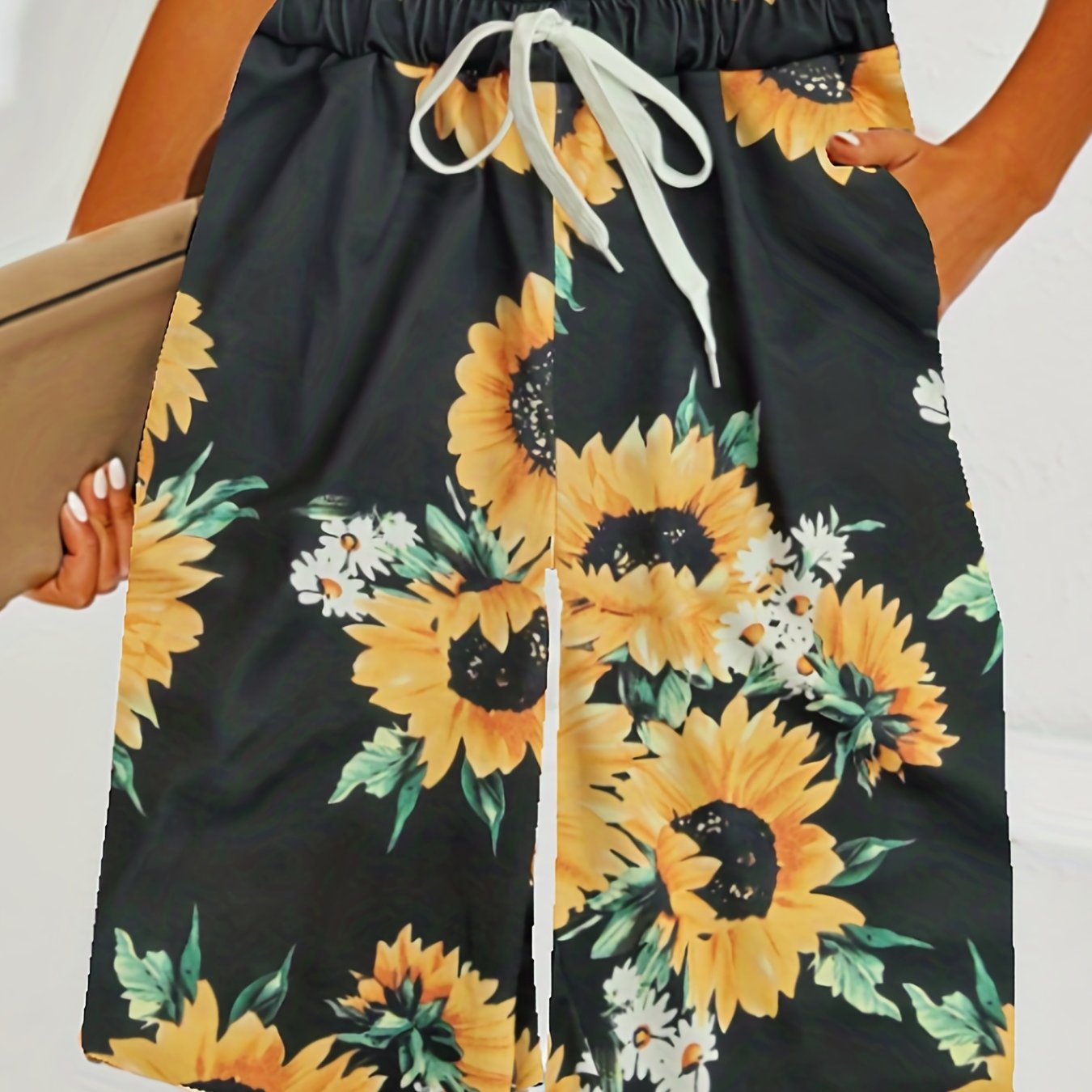 Sunflower Print Shorts Elastic Waist Summer Shorts Women's Clothing