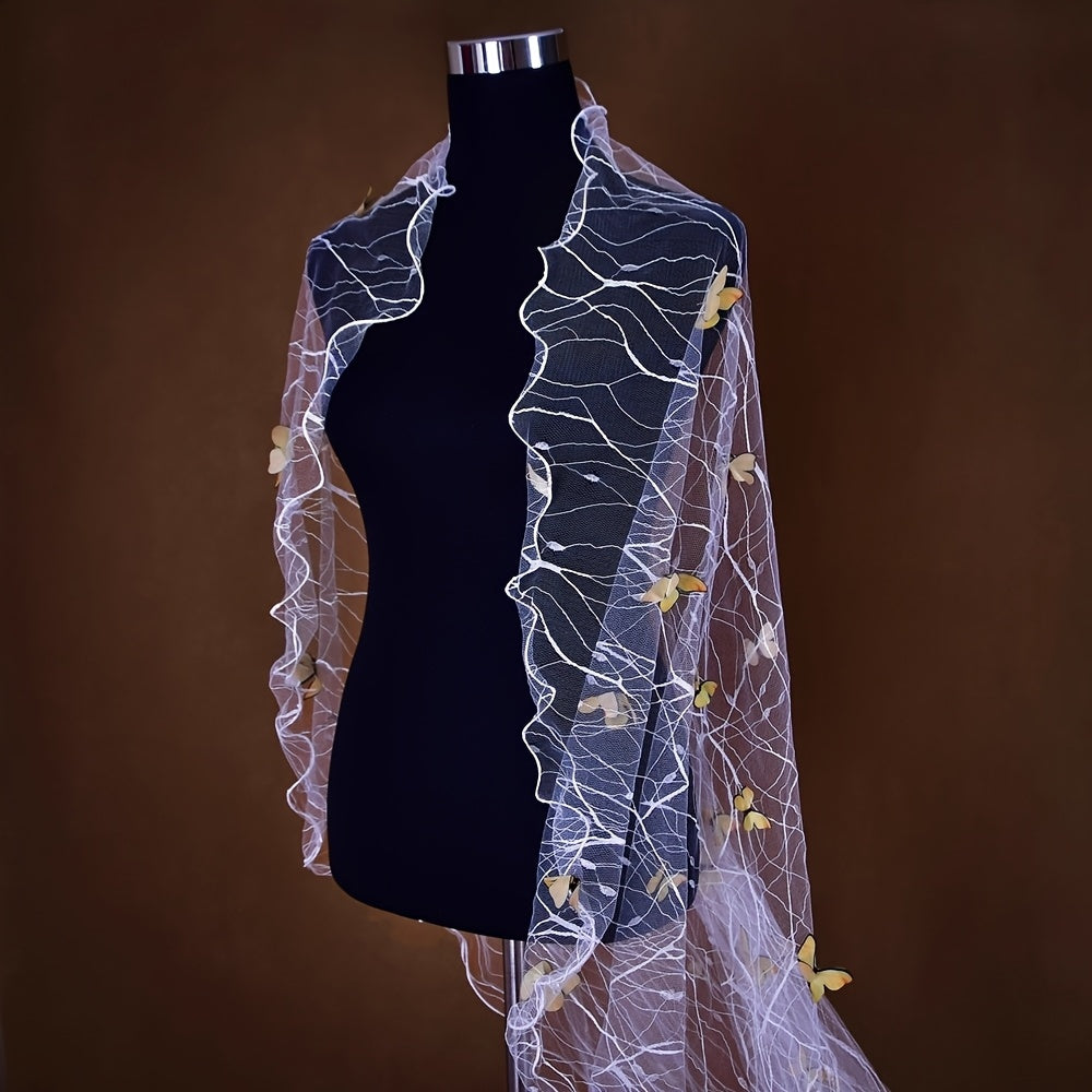 Vintage Royal Court Style Long Bridal Veil with Yellow Butterfly Embellishments