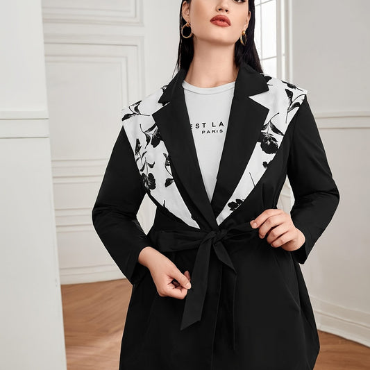 Colorblock Floral Panel Long Sleeve Blazer With Belt