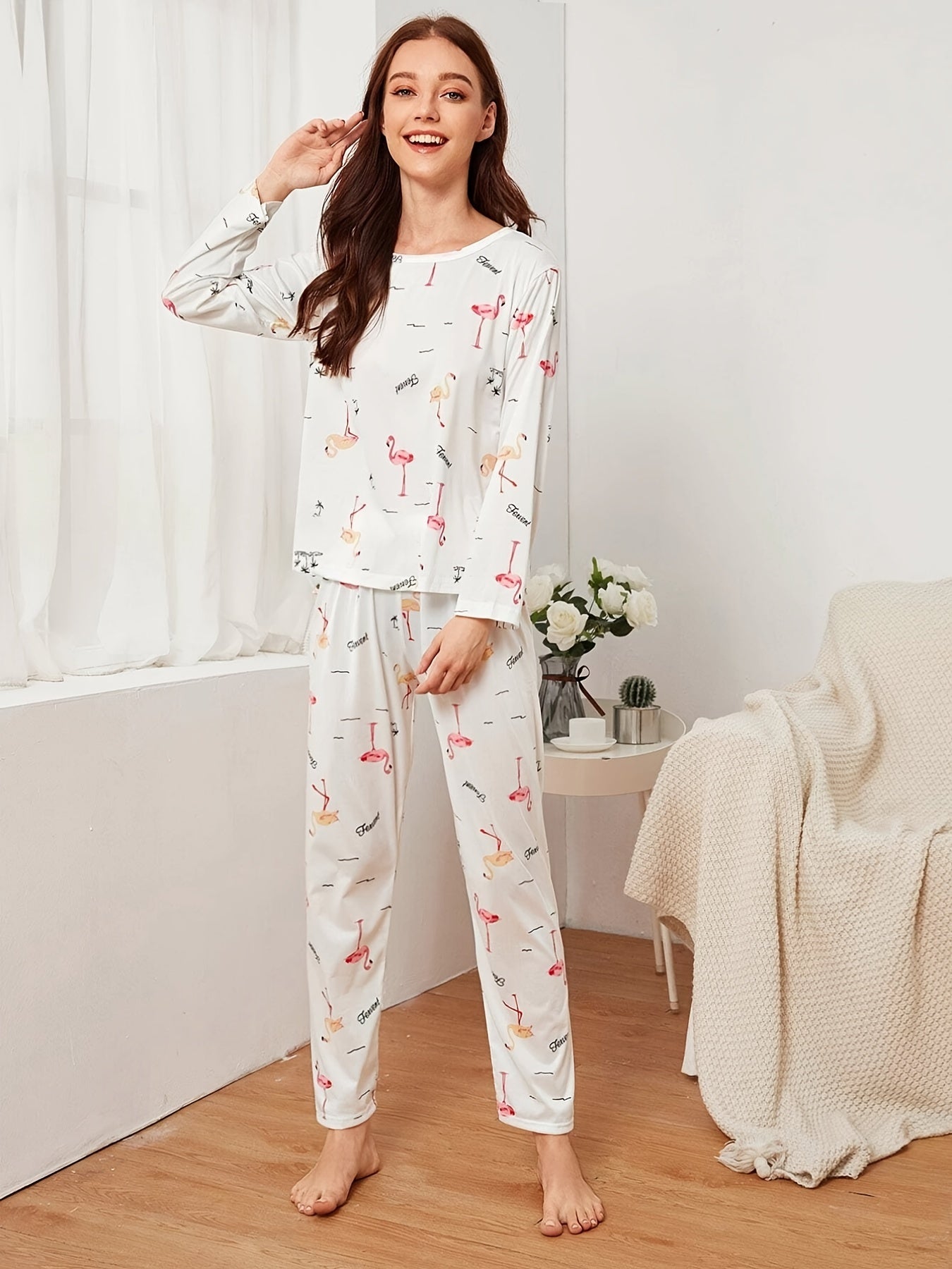 Flamingo Print Pajama Set Long Sleeve Crew Neck Top & Elastic Waistband Pants