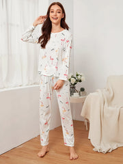 Flamingo Print Pajama Set Long Sleeve Crew Neck Top & Elastic Waistband Pants