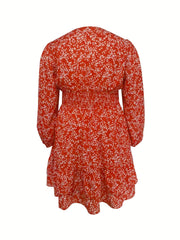 Plus Size Ditsy Floral Print Waist Lantern Sleeve Mini A line Dress