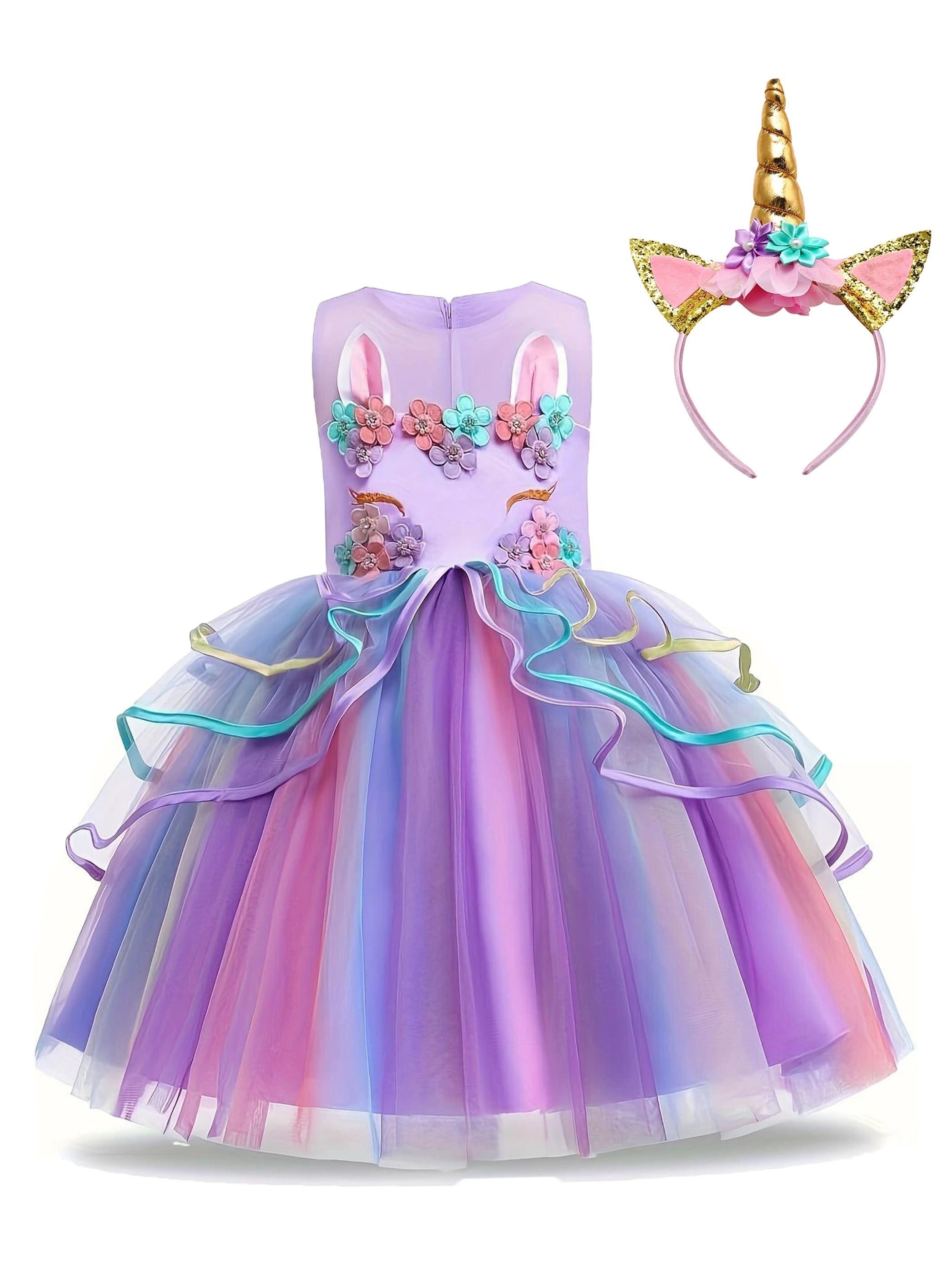 Unicorn Princess Dress Floral Print Mesh Tulle Kids Dress