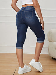 Dark Ripped Denim Shorts Slim Fit Distressed Slash Pockets