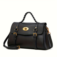 Cowhide Leather Handbag w/ Adjustable Strap & Buckle Closure Khaki C
