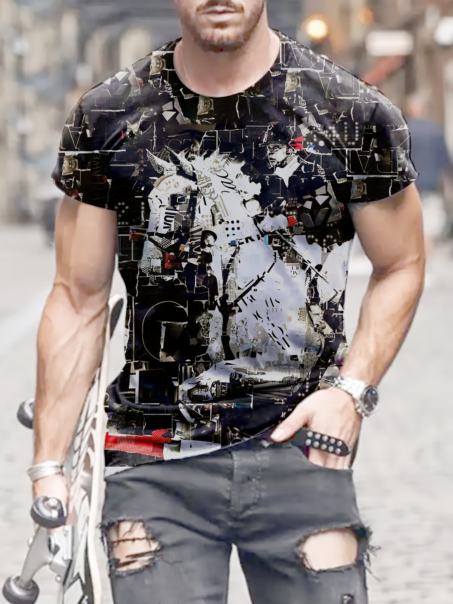 Digital Pattern Print Men's Short Sleeve T-Shirt Graphic Tee