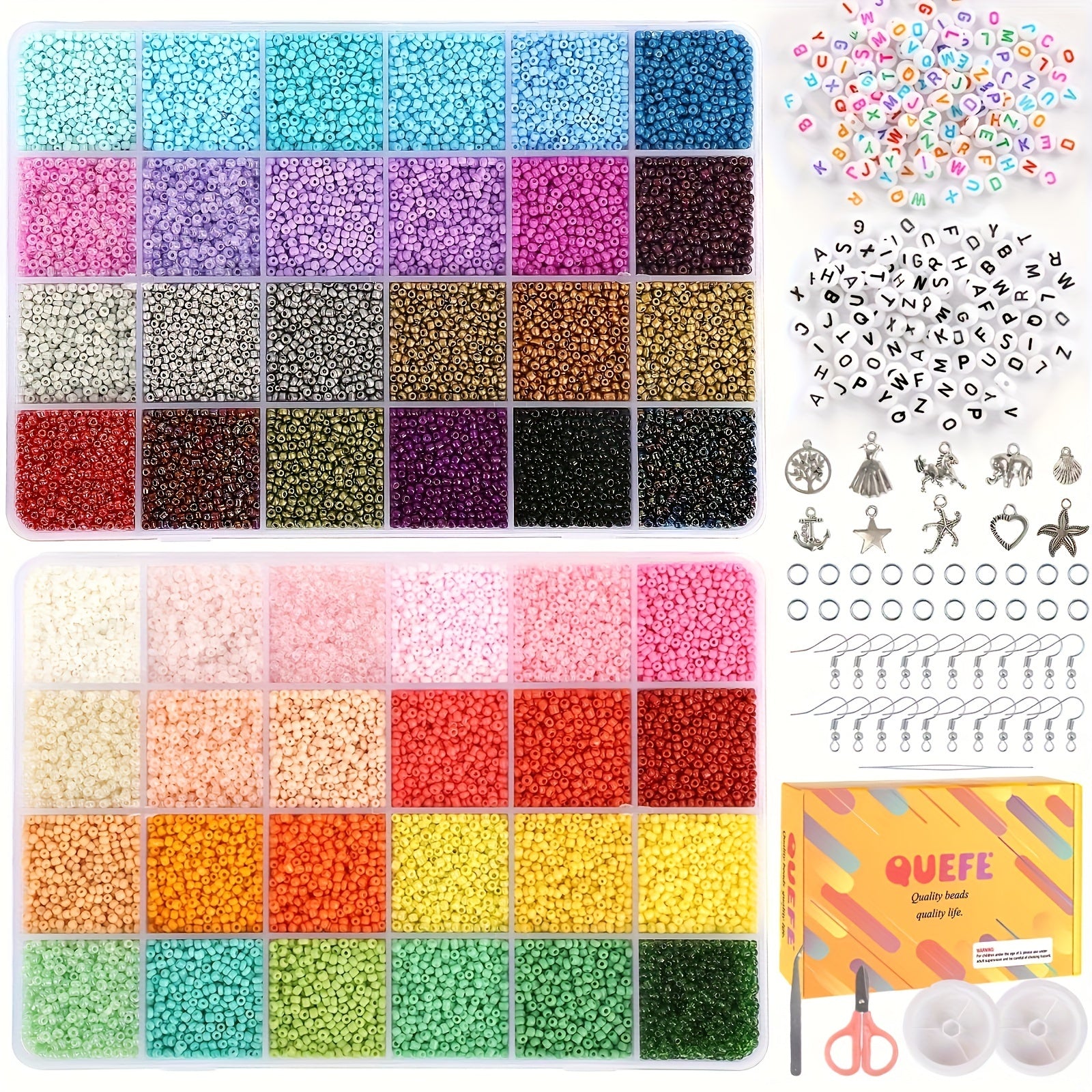 2mm Glass Seed Beads Set with 440 Letter Beads, 100 Smiling Face Beads & 100 Evi