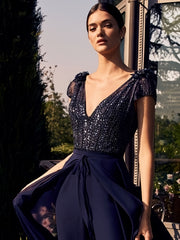 Women's Sexy Cap Sleeve Sequin Jumpsuit with Overskirt
