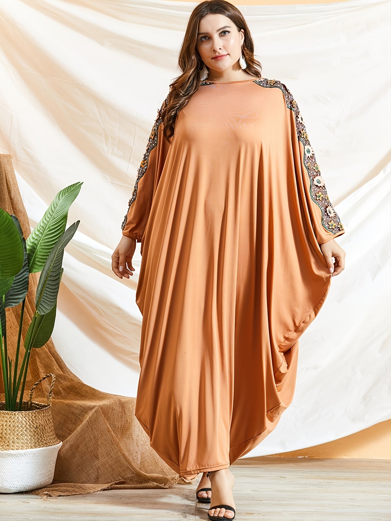 Tribal Abaya Dress Women's Plus Floral Appliques Batwing Sleeve