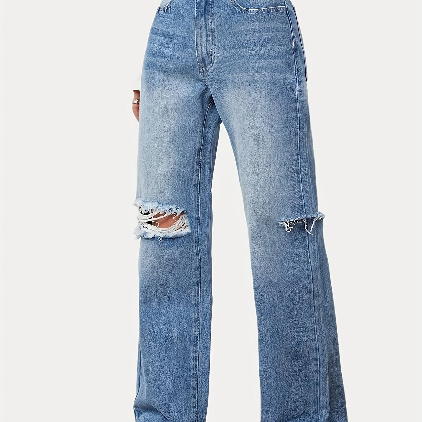 Raw Trim Distressed Denim Straight Leg Pants Women's Jeans