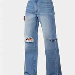 Raw Trim Distressed Denim Straight Leg Pants Women's Jeans