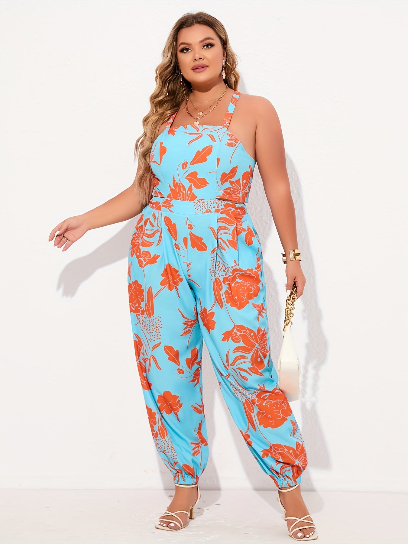 Floral Print Halter Neck Wide Leg Jumpsuit