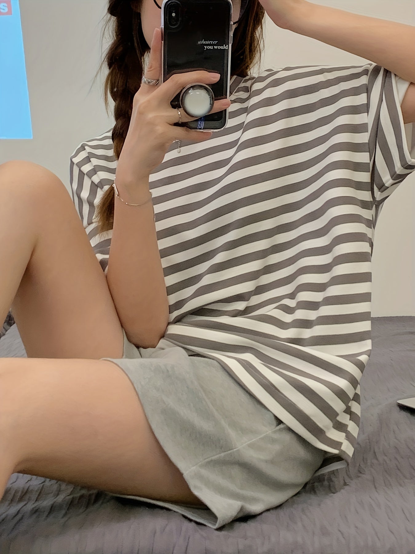 Striped Print Pajama Set Short Sleeve Crew Neck Top & Elastic Waistband Shorts