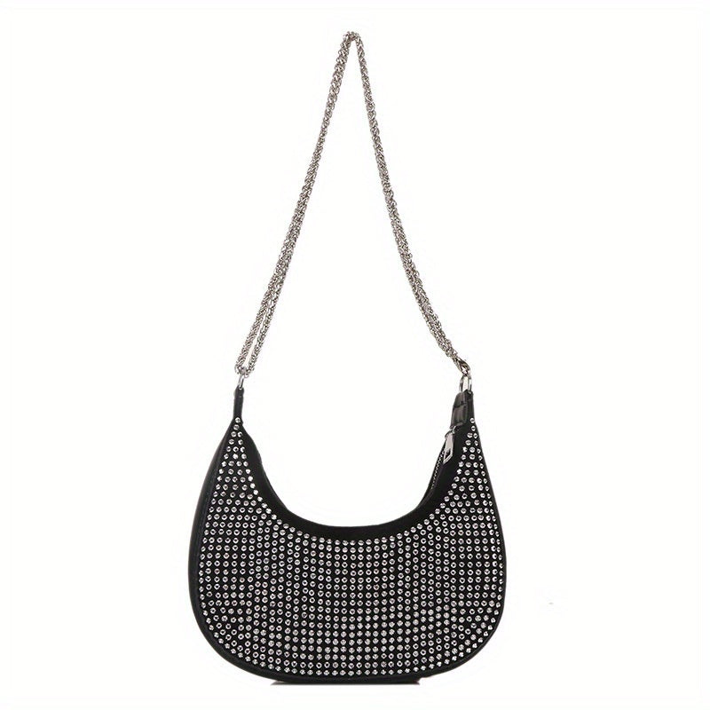 Rhinestone Crossbody Bag Chain Hobo Bag Women's Crescent Shoulder Purse