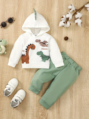 Dino Print Hooded Pullover & Pants Set Child's Casual Outfit