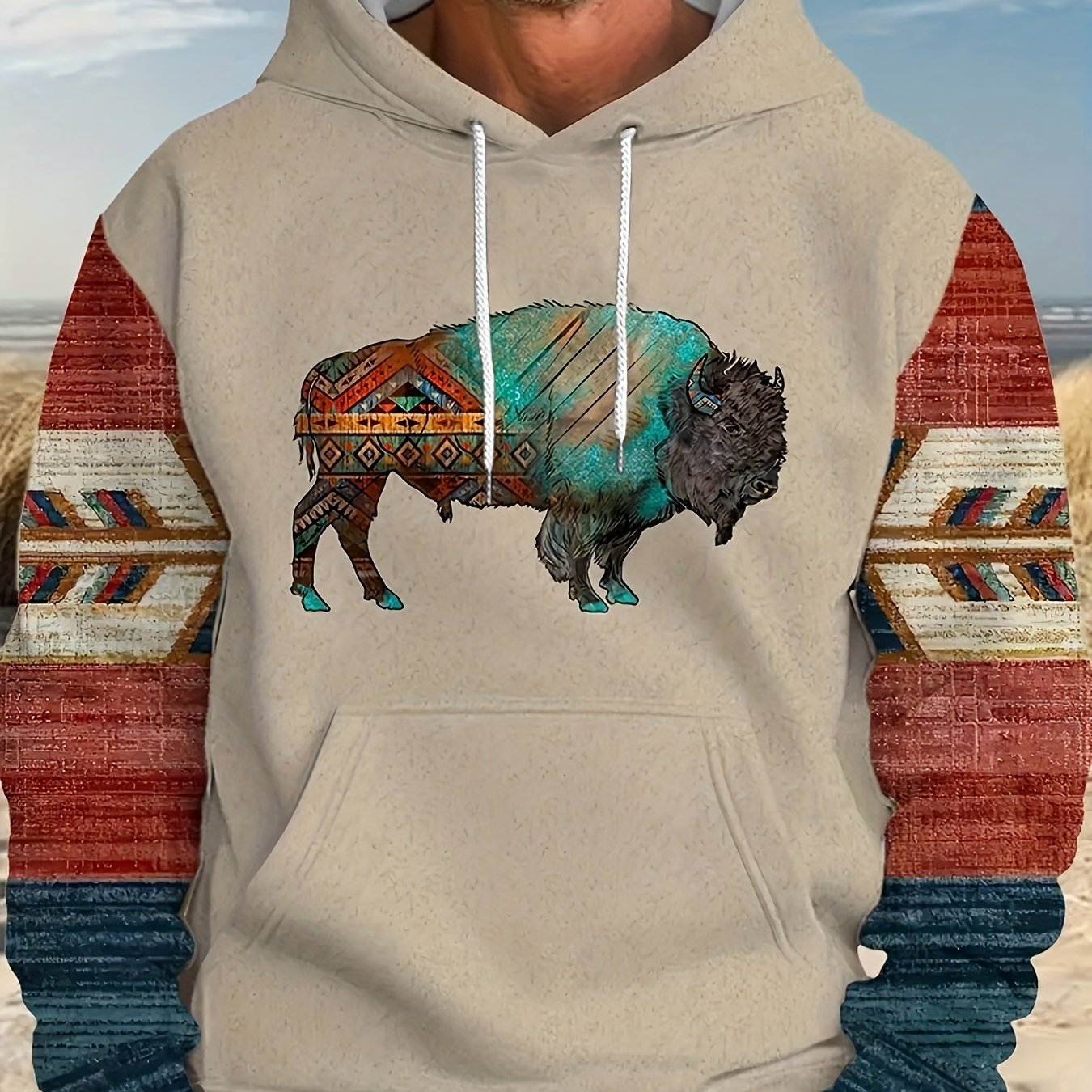 Ox Print Hoodie Kangaroo Pocket Men's Pullover Hooded Sweatshirt