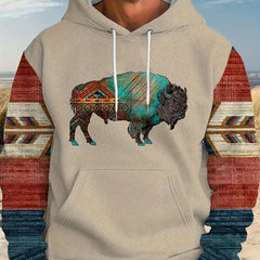 Ox Print Hoodie Kangaroo Pocket Men's Pullover Hooded Sweatshirt