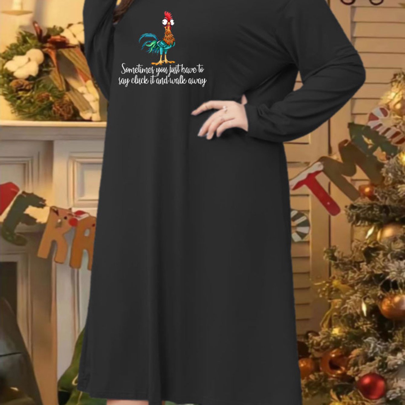 Women's Plus Rooster Print Long Sleeve Round Neck Sleep Dress