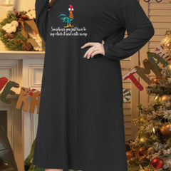 Women's Plus Rooster Print Long Sleeve Round Neck Sleep Dress