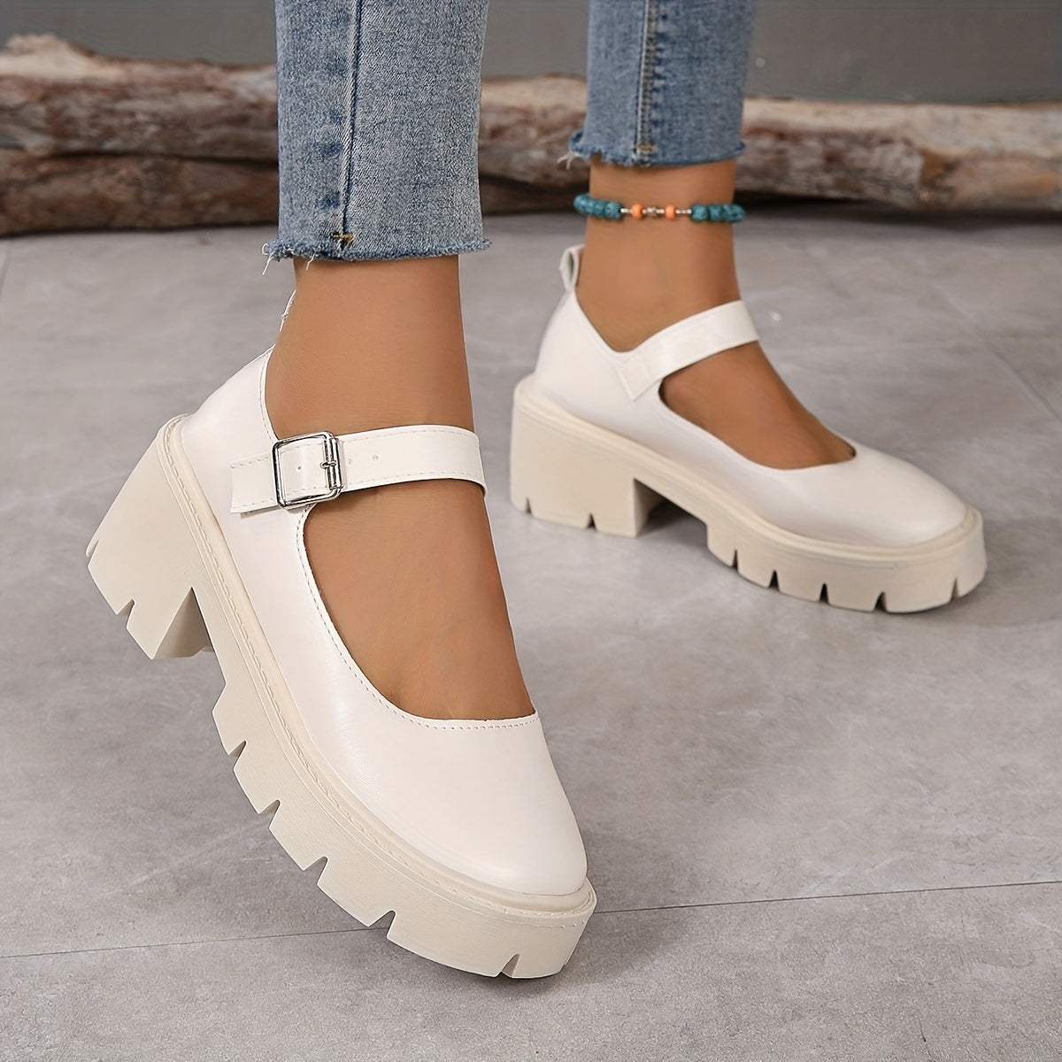 Women's Chunky Heel Buckle Strap Platform Shoes
