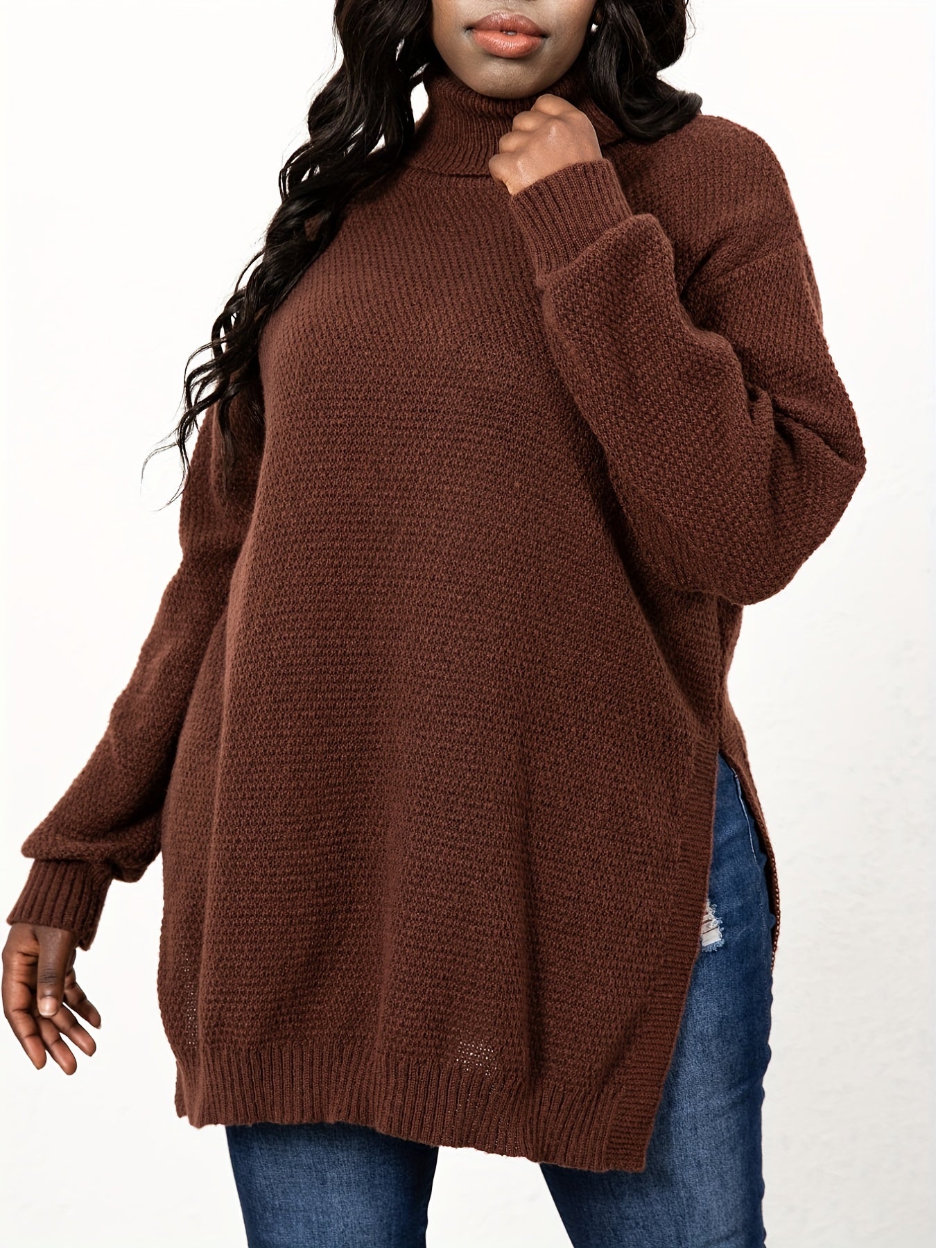 Turtle Neck Knit Side Slit Sweater Women's Plus Solid High Stretch