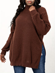 Turtle Neck Knit Side Slit Sweater Women's Plus Solid High Stretch