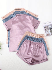 Satin Pajama Set Short Sleeve Top & Bow Shorts Women's Sleepwear