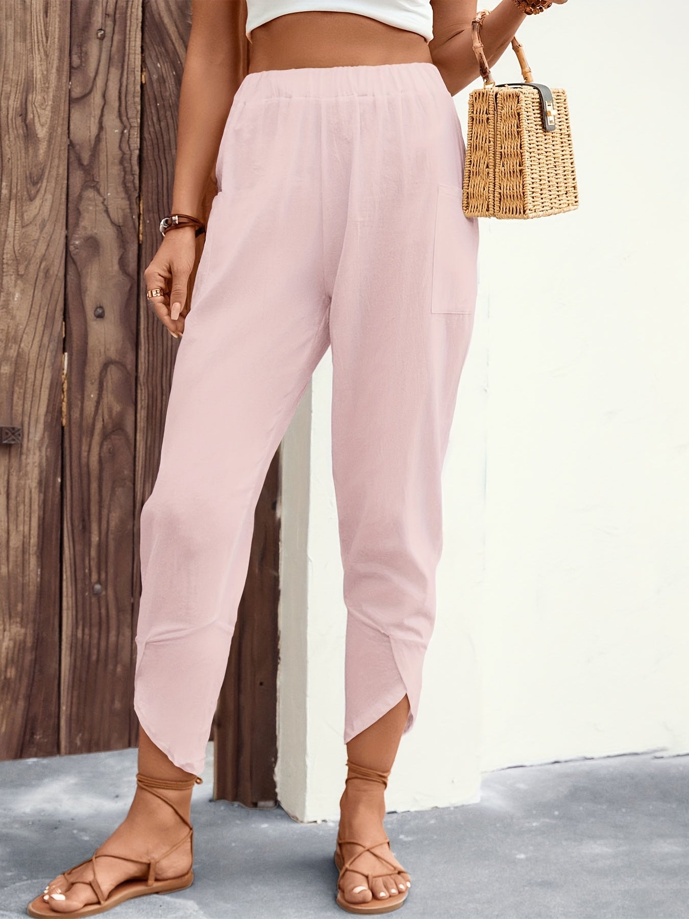 Minimalist Elastic Waist Carrot Pants Solid Color Casual Women's Clothing