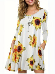Women's Plus Sunflower Print Long Sleeve Round Neck Loose Fit Dress