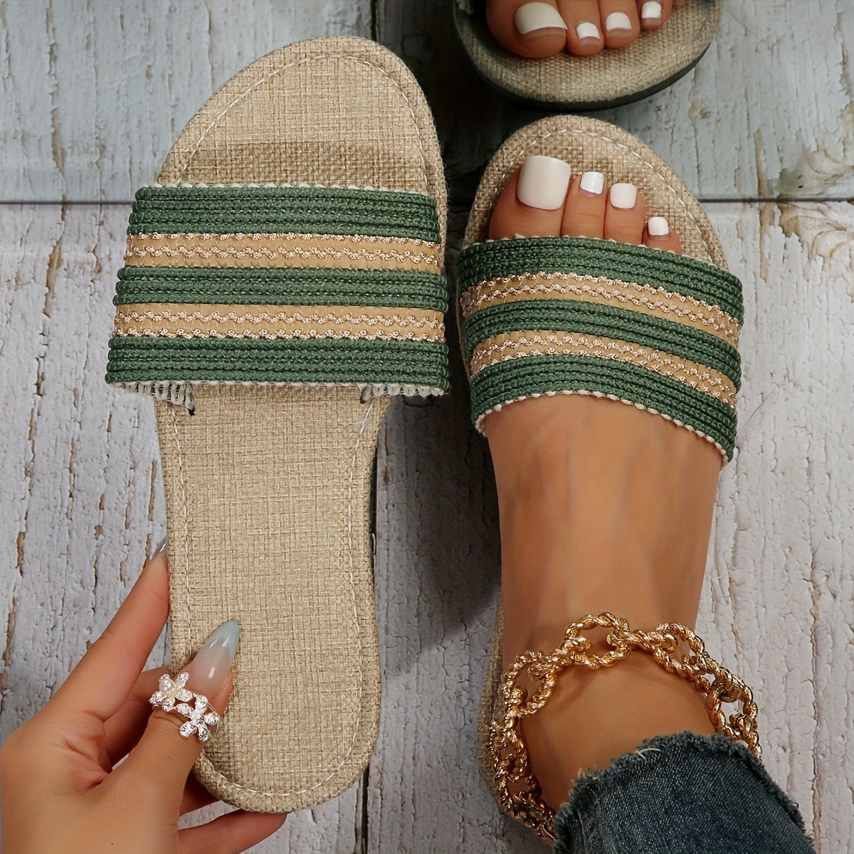 Women's Striped Slide Sandals Lightweight Summer Beach Shoes