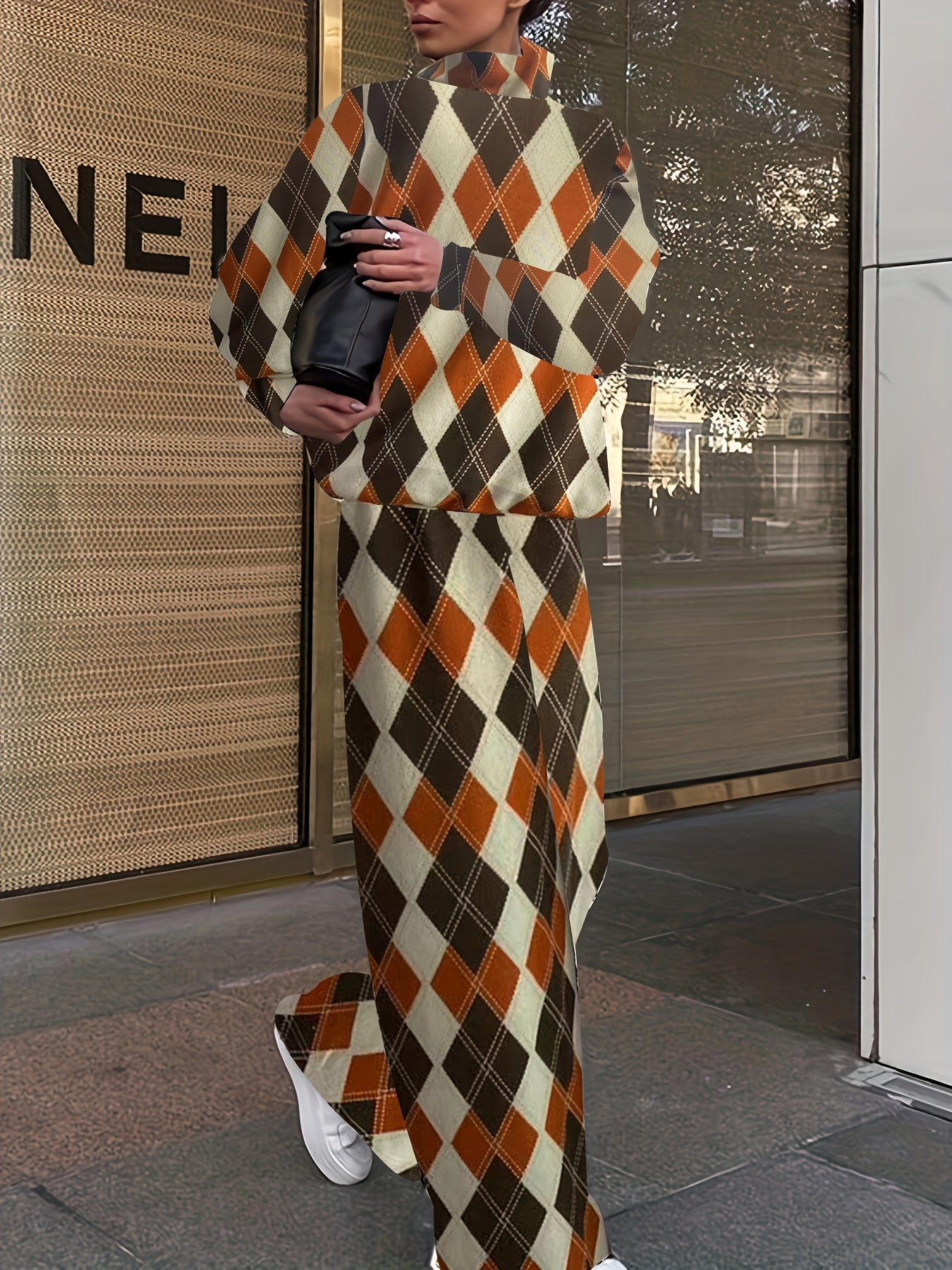 Plus Houndstooth Print Top & Pants Set Women's Plus Size