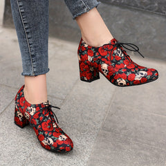 Skull & Rose Chunky Heels Lace Up Pumps Round Toe