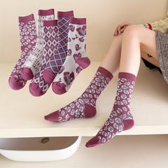 Leopard & Argyle Socks 5 Pairs Comfy Breathable Mid Tube Women's Stockings