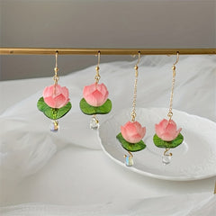 Pink Lotus Lily Pad Dangle Earrings for Girls