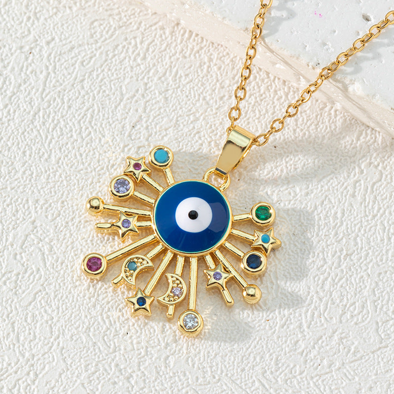 Colorful Rhinestone Eyes Pendant Necklace with Sun Heart Butterfly Starry Sky