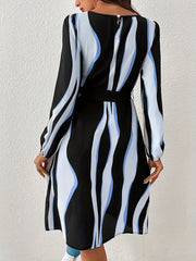 Abstract Ripple Print Dress Crew Neck Long Sleeve Dress